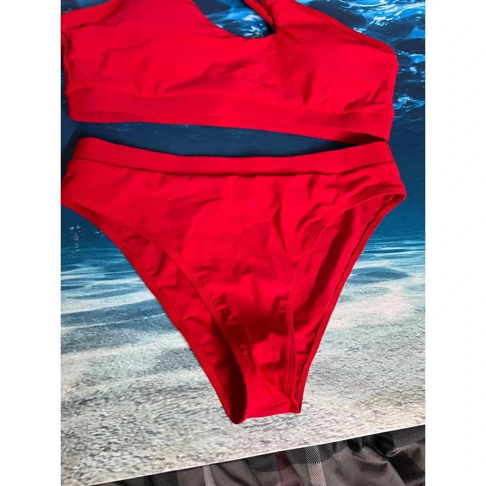 ☀️Red Shoulder High Waisted Bikini Set Two Piece Swimsuit Size Large
